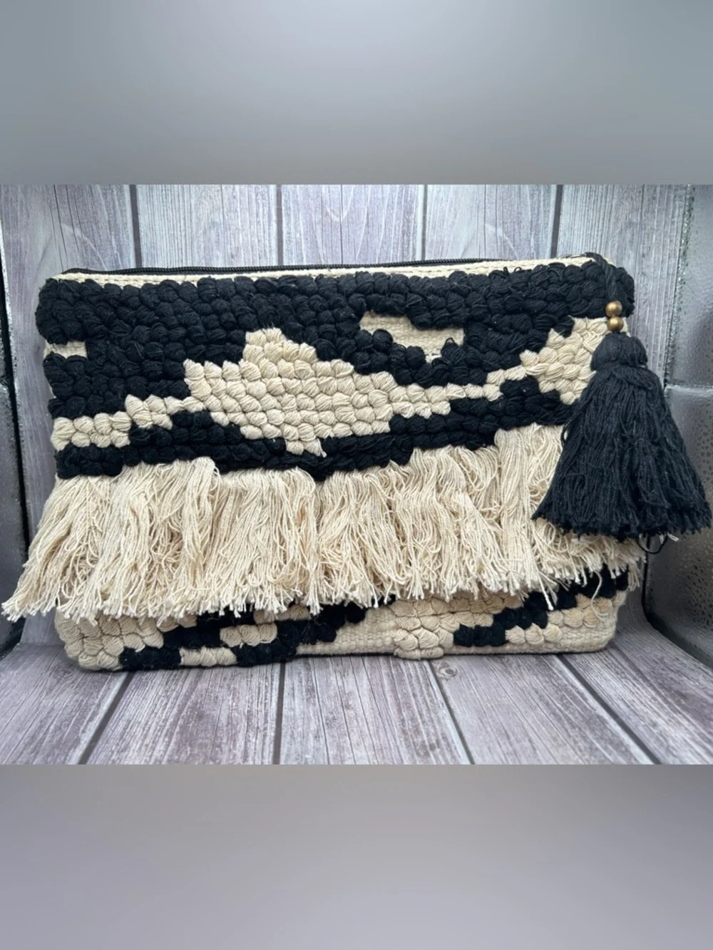MANGO Boho Embroidered Clutch Bag Woven Cotton Macrame Fringe Black Off White - Picture 4 of 13